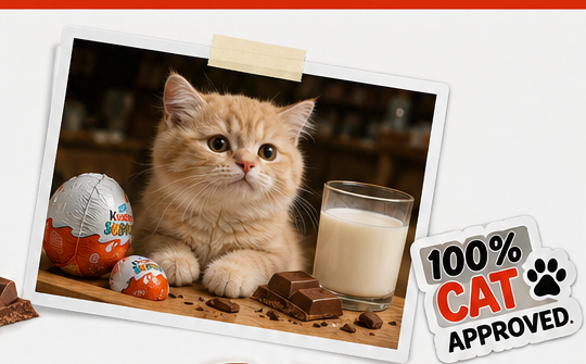 A fluffy orange kitten beside Kinder eggs, chocolate and a glass of milk, with a 100% Cat Approved sticker